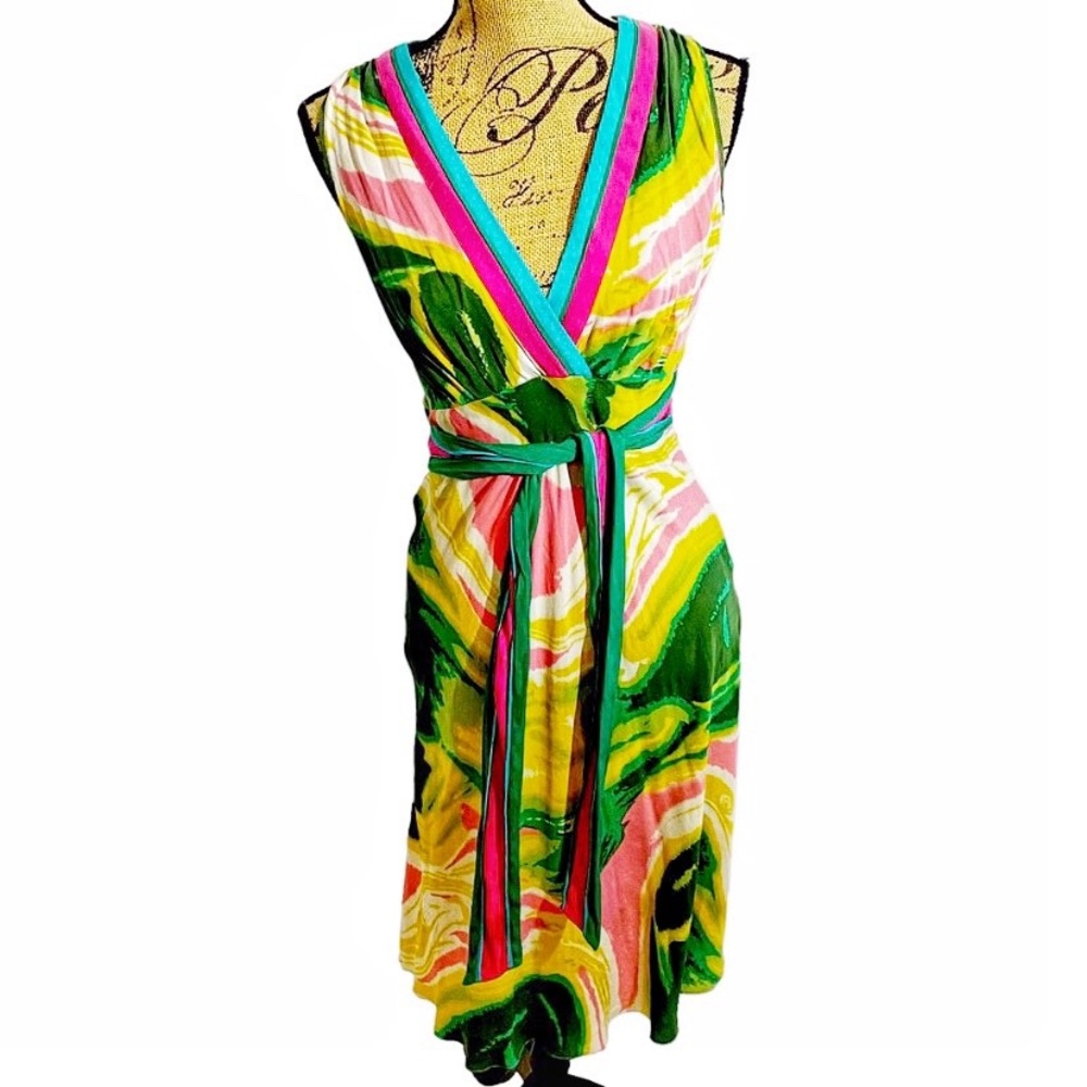 Catherine Malandrino Multicolor Swirl Pattern Dress With Attached Belt, Size 6*